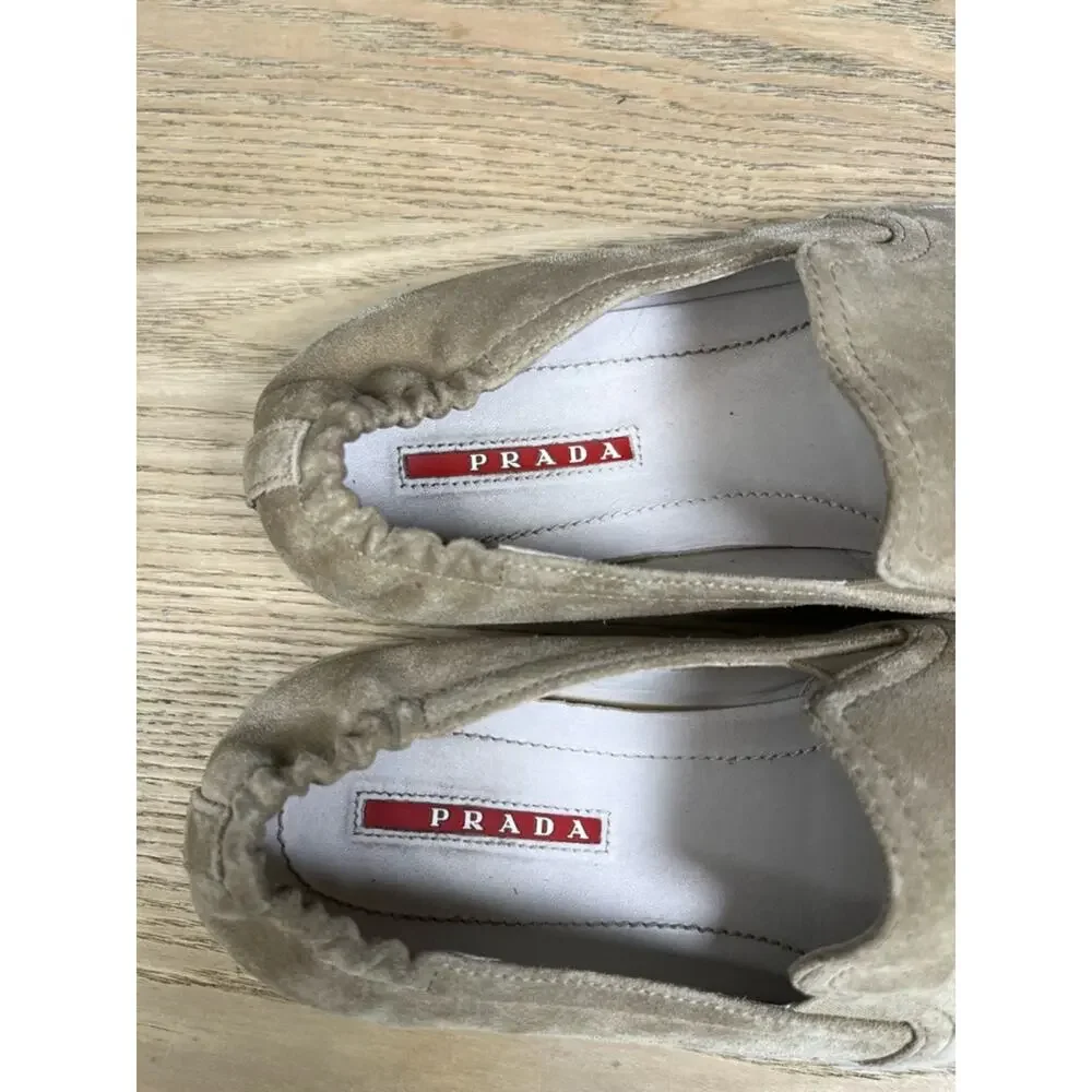 PRADA Saint Tropez Espadrille Slip On Platform Sneakers Tan Suede Size 7.5